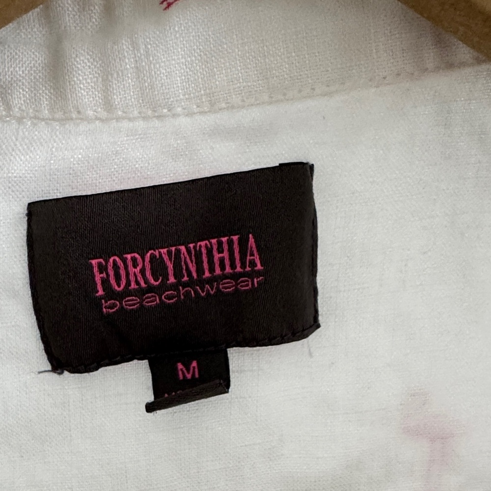 Beachwear Pink Flamingo Embroidered White Linen Shirt - Picture 3 of 3
